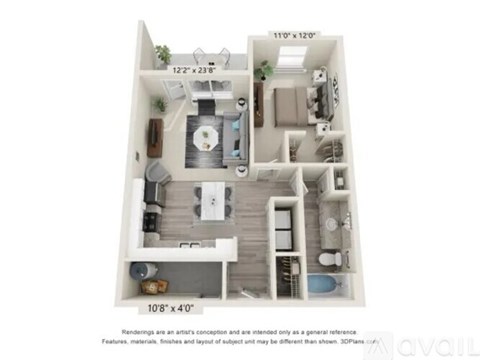 A 3D floor plan of a small apartment with a kitchen, living room, and bathroom.