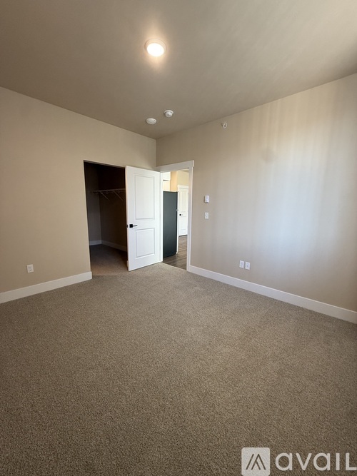 A room with beige carpeting and a white door.