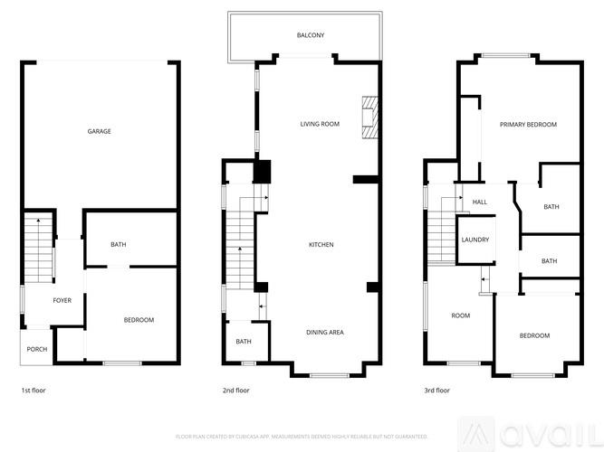 A floor plan of a house with three different views: first floor, second floor, and third floor.