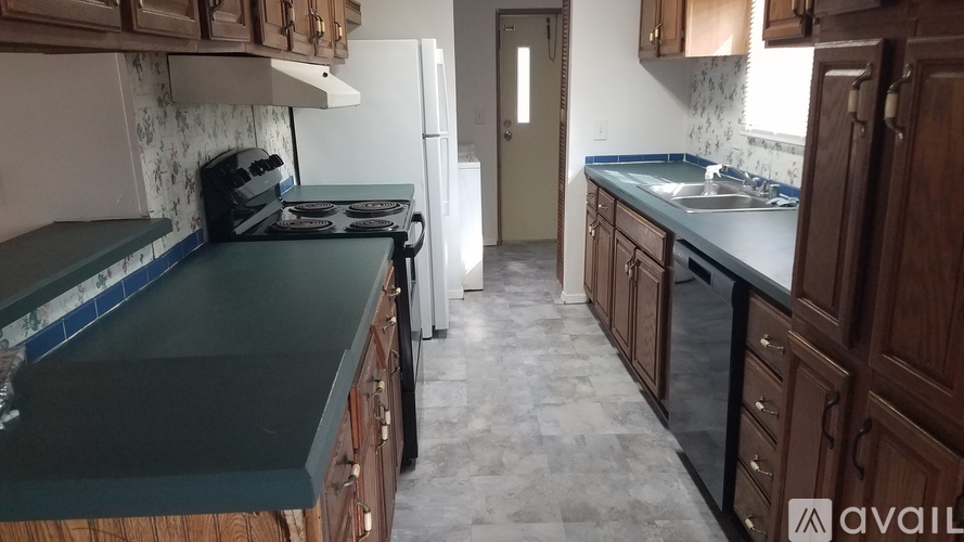 A kitchen with wooden cabinets and a green countertop.