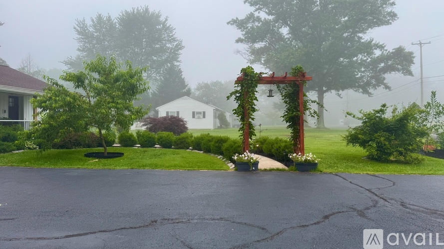 A red archway with plants on top stands in the middle of a foggy street.