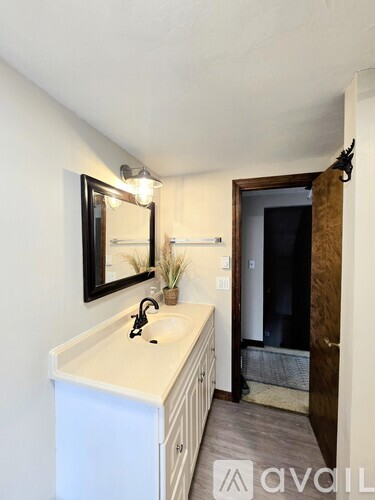 A bathroom with a white sink and a mirror above it.