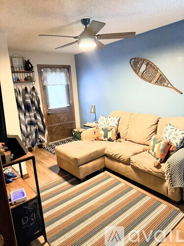 A living room with a tan couch and a striped rug.