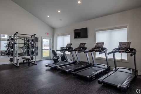 A gym with treadmills, weights, and a television.
