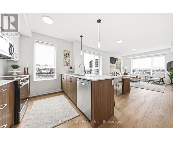 A modern kitchen with wooden cabinets and a large island.