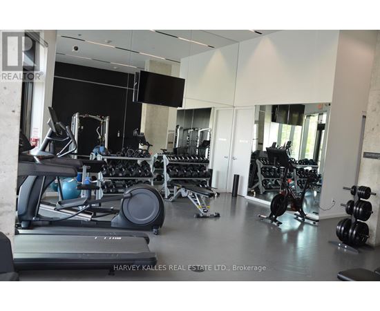 A gym with a variety of equipment including treadmills, weights, and exercise machines.