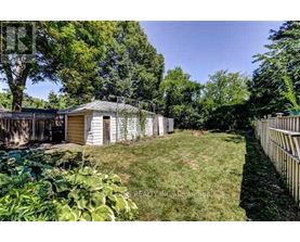 A backyard with a shed and a fence.
