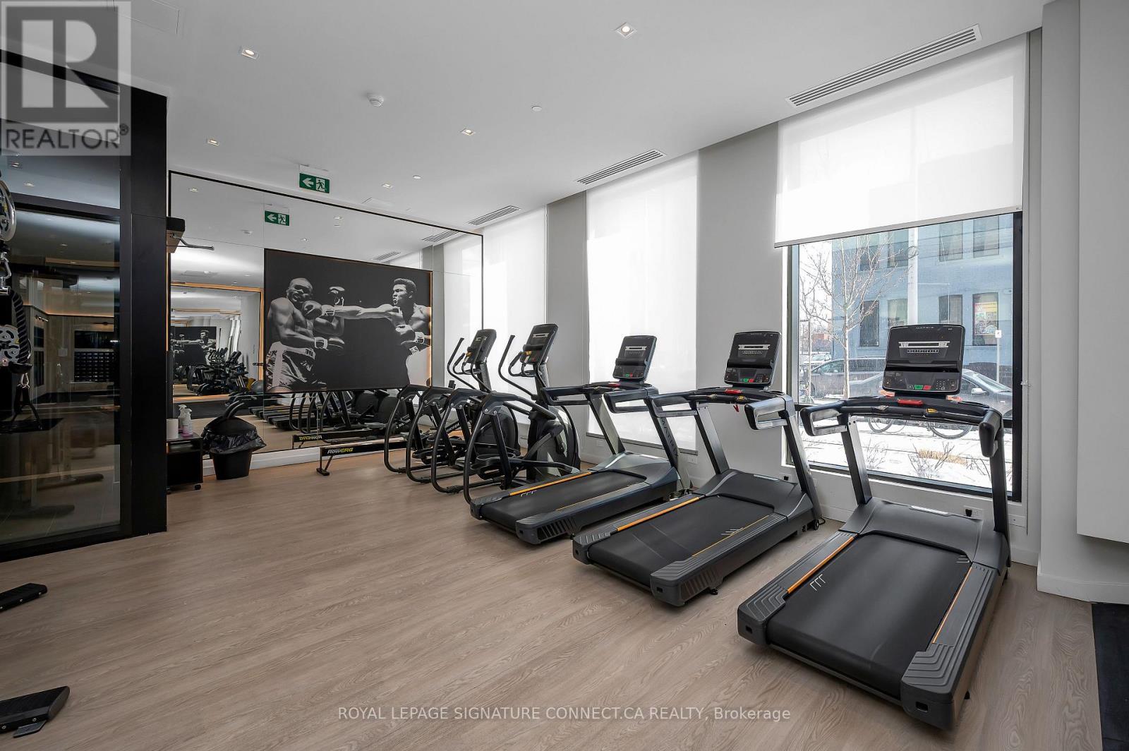 A gym with treadmills and exercise bikes.