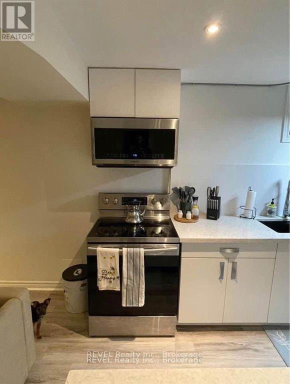 A dog is sitting on the floor in front of a stove.