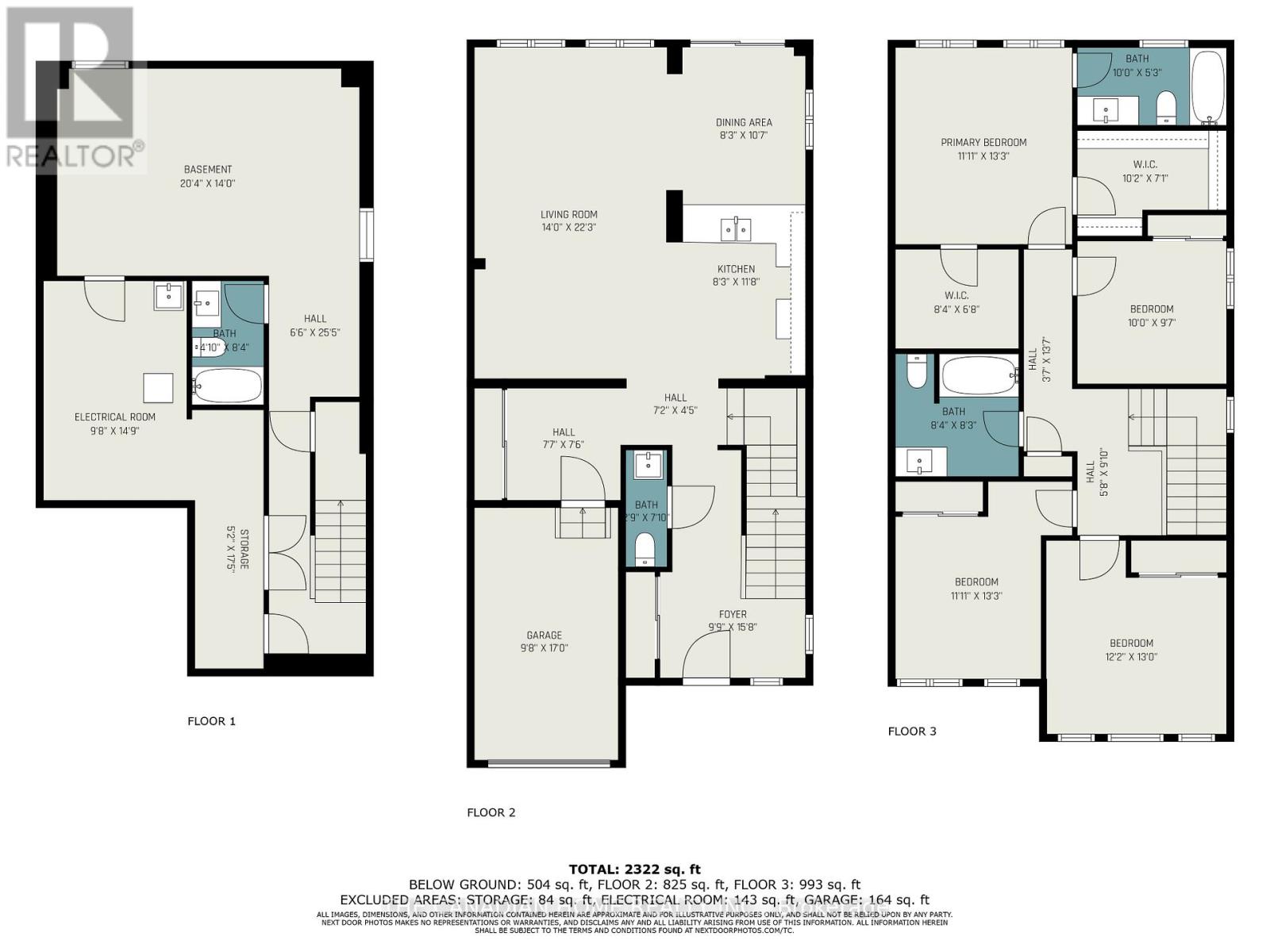 A floor plan for a three-story residential building.