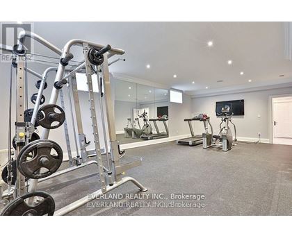 A well-equipped home gym with a variety of exercise machines.