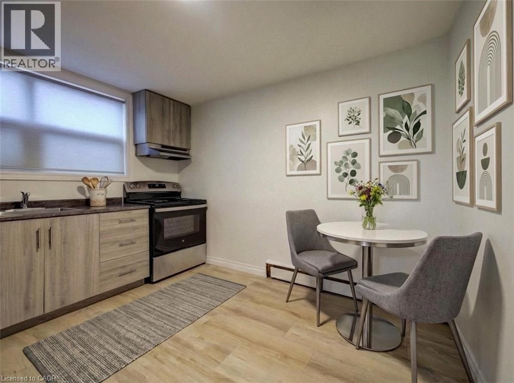 A modern kitchen with a dining table set up.