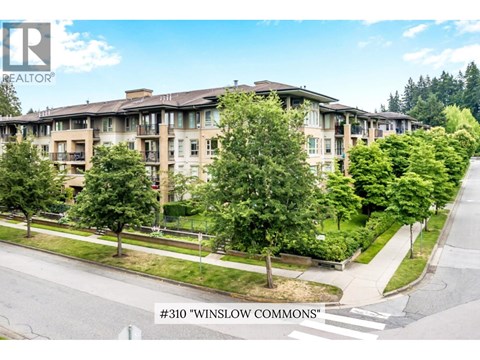 A street view of a residential area with apartment buildings and trees.