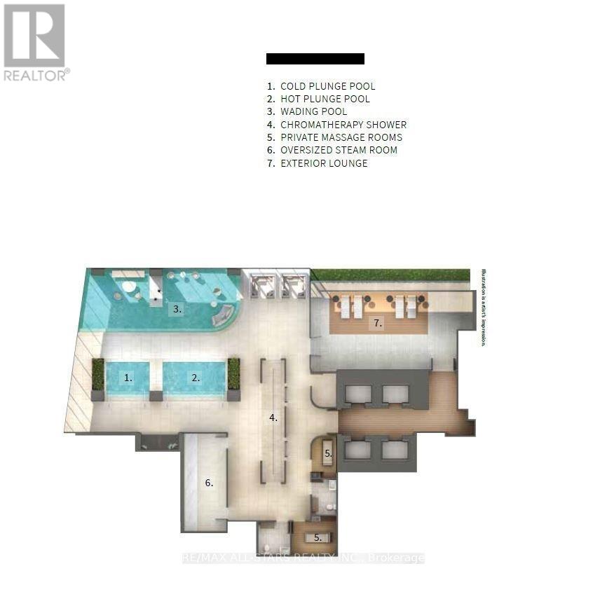 A floor plan of a building with a pool and a lounge.