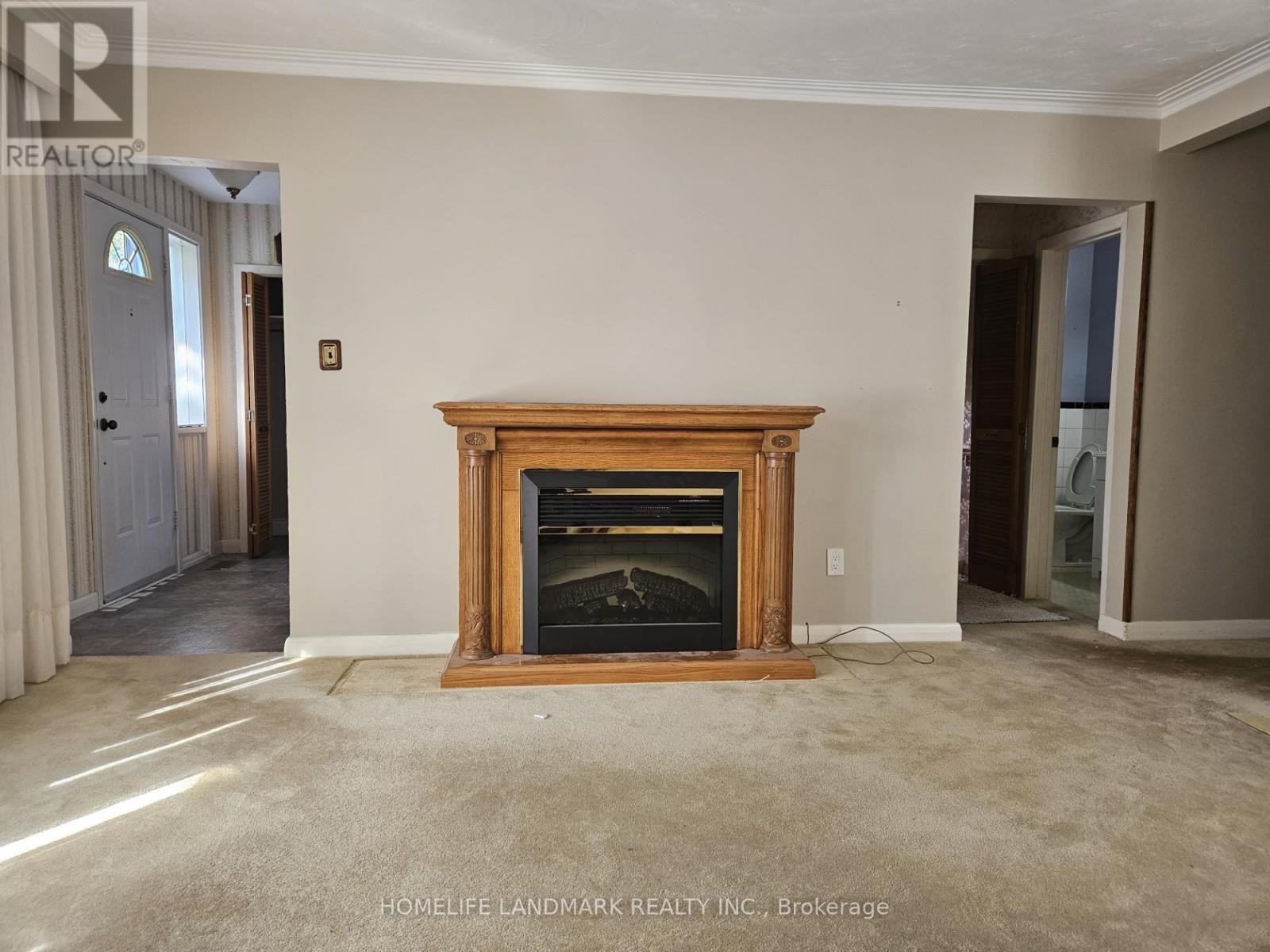 A living room with a fireplace and carpeting.