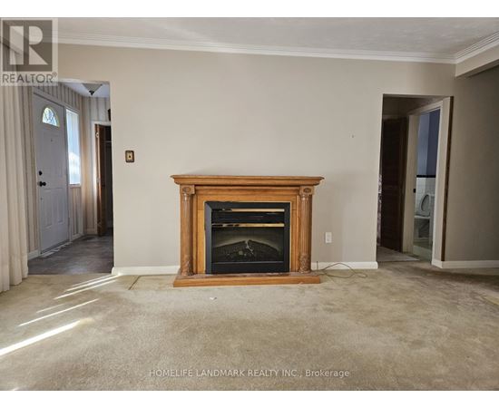 A living room with a fireplace and carpeting.