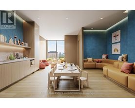 A modern dining room with a table set for two and a view of the city.