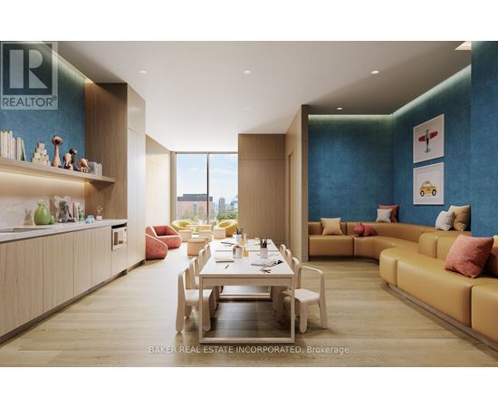 A modern dining room with a table set for two and a view of the city.