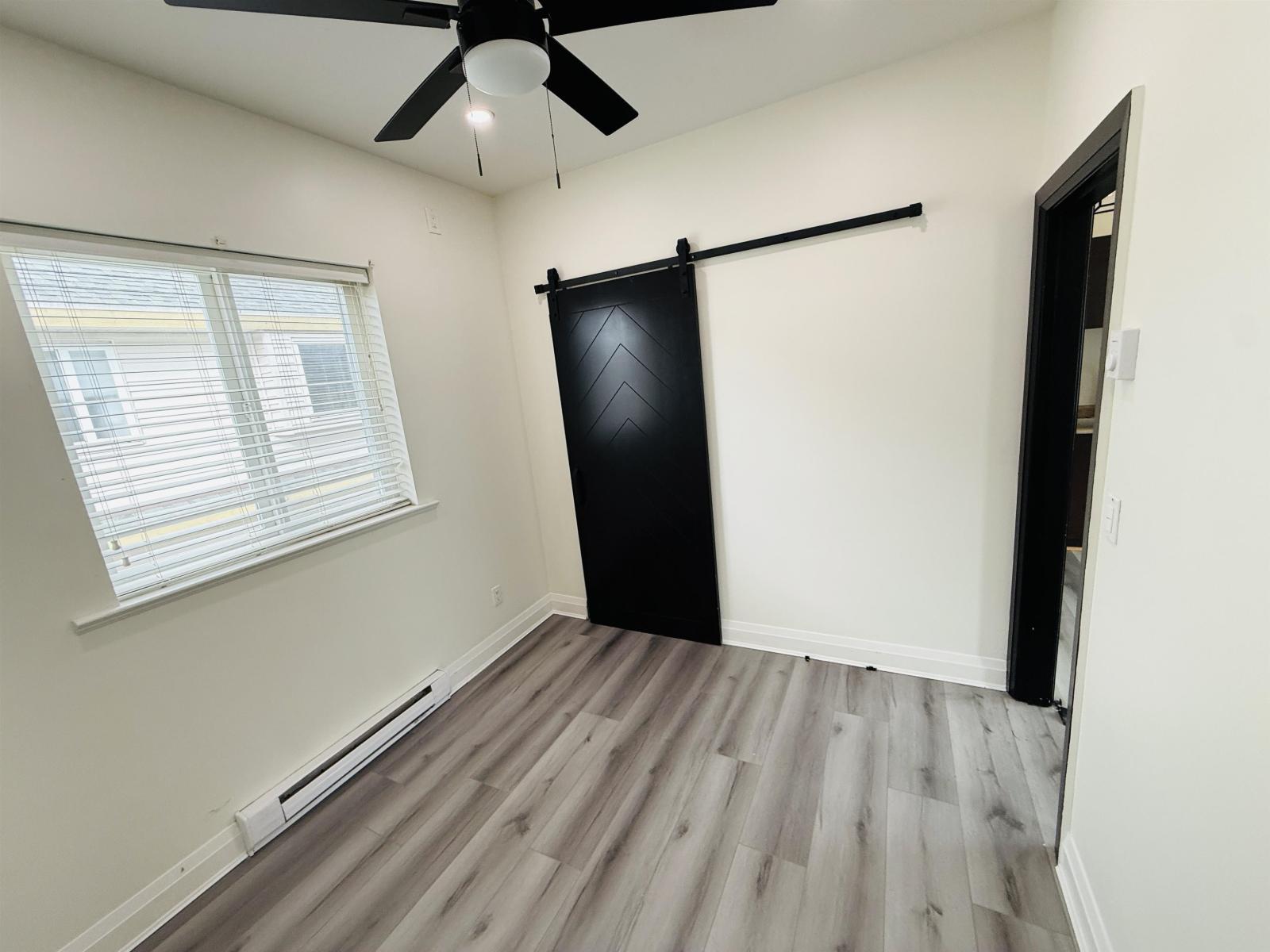 A room with a black door and a ceiling fan.