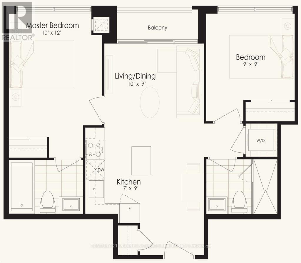 A floor plan of a house with a master bedroom, a living/dining area, a kitchen, and a second bedroom.