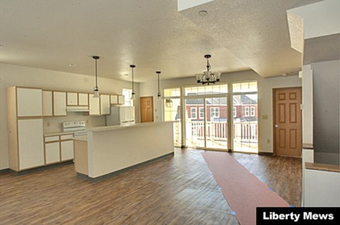 A kitchen with a counter and cabinets.