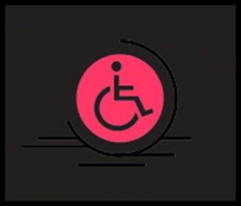 A pink and black sign with a white symbol of a person in a wheelchair.