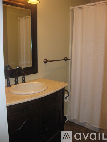 A bathroom with a sink, mirror, and shower curtain.