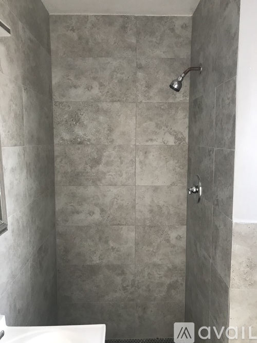 A shower area with a tiled wall and a shower head.