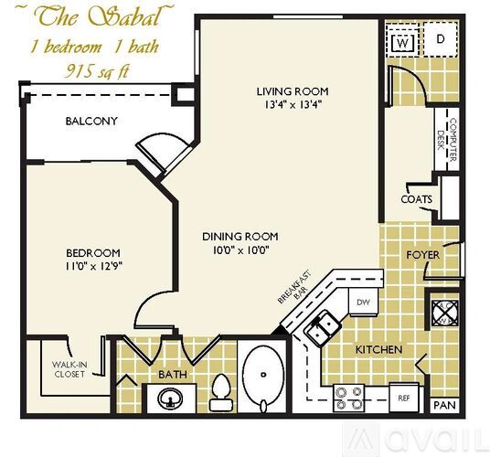 A floor plan of a one bedroom apartment with a balcony.