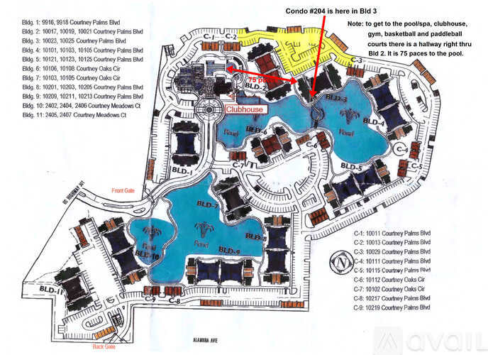 A map of a resort with a pool and a note indicating the location of Condo #204.