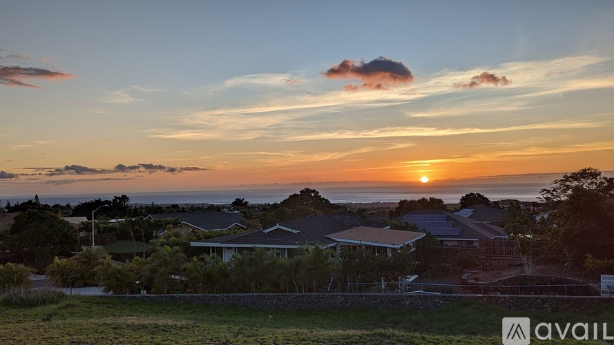 A sunset view of a neighborhood with houses and trees.