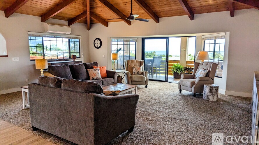 A living room with a brown couch and a ceiling fan.