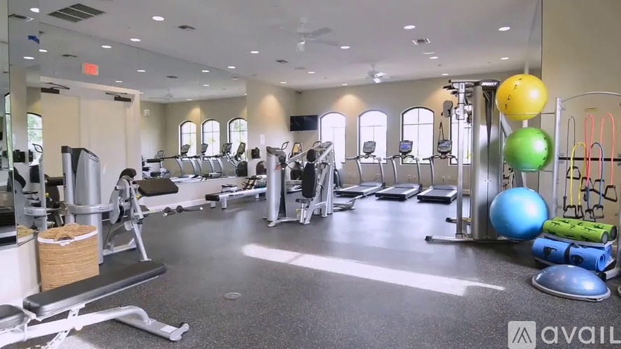 A gym with a variety of equipment including treadmills, weights, and exercise balls.