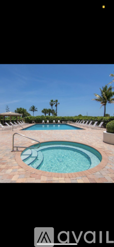 A pool with a slide and a palm tree in the background.