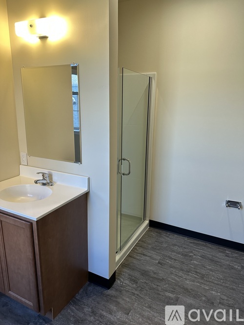 A bathroom with a sink, mirror, and shower.