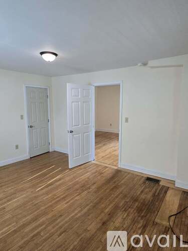 A room with wooden flooring and two white doors.