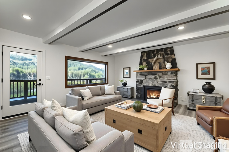 A living room with a fireplace and a couch.
