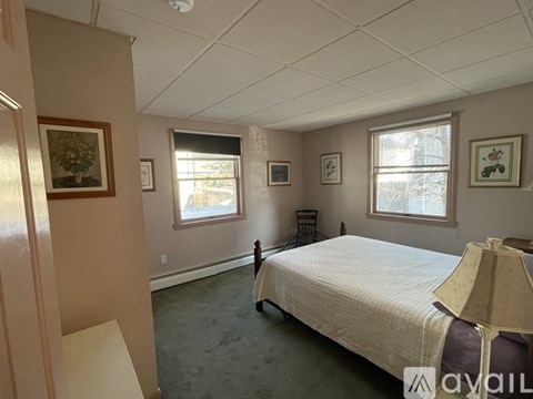 A bedroom with a bed, two windows, and a painting on the wall.