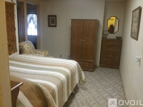 A bedroom with a bed, dresser, and mirror.