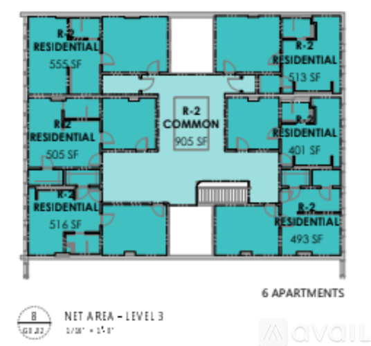 A floor plan of a building with 6 apartments, 3 of which are labeled as residential and 3 as common.