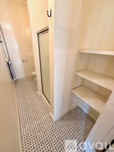 A white bathroom with a toilet and a shower.