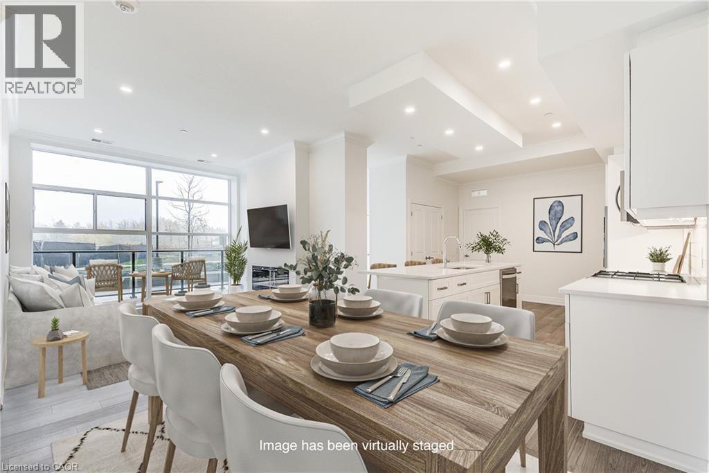 A modern dining room with a wooden table set for a meal.