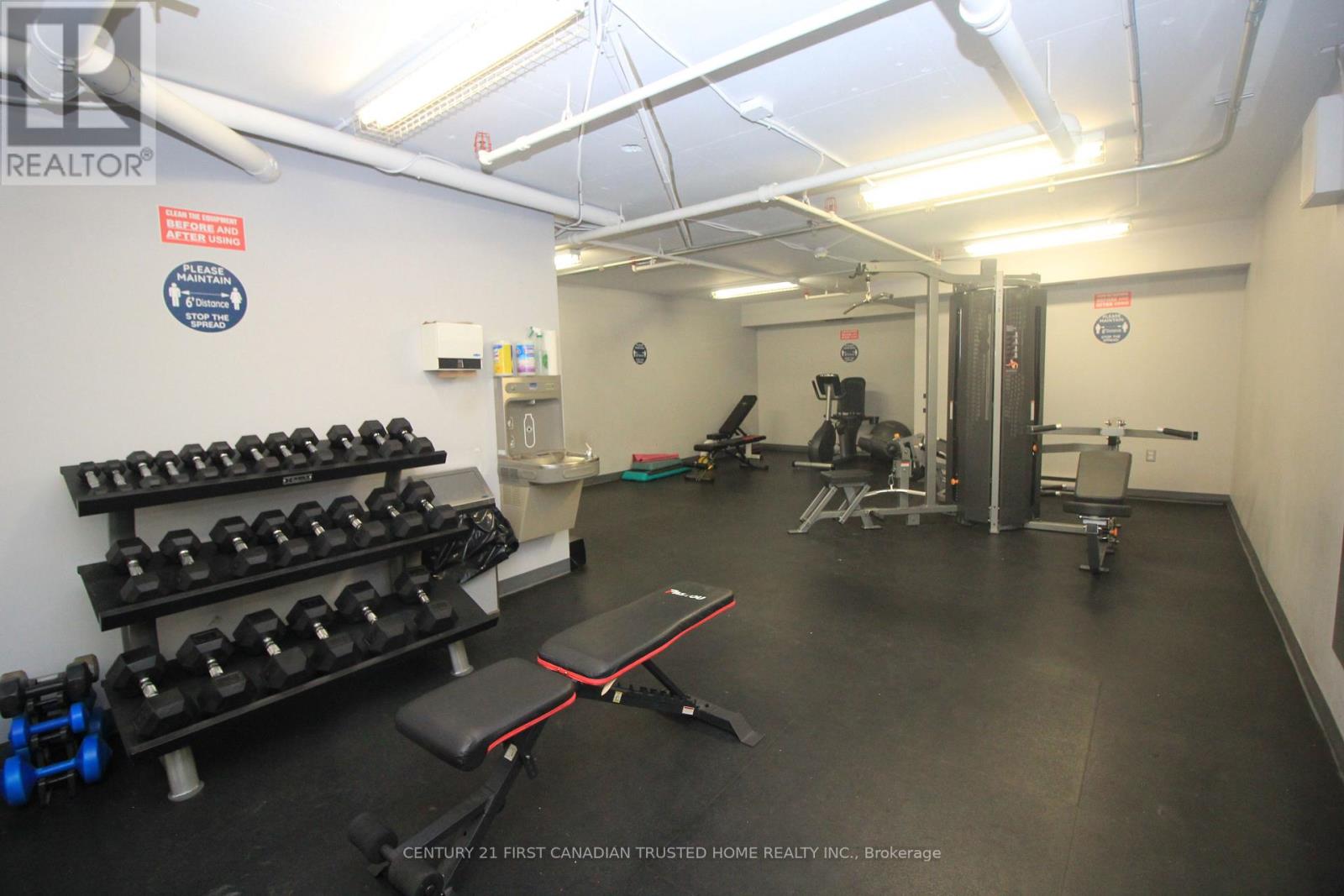 A gym with weights and a bench.
