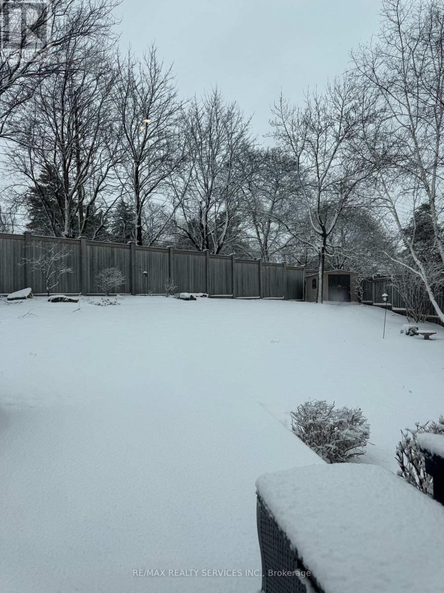A snow-covered yard with a fence and trees in the background.