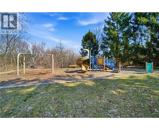 A playground with a slide and swings in a sunny park.