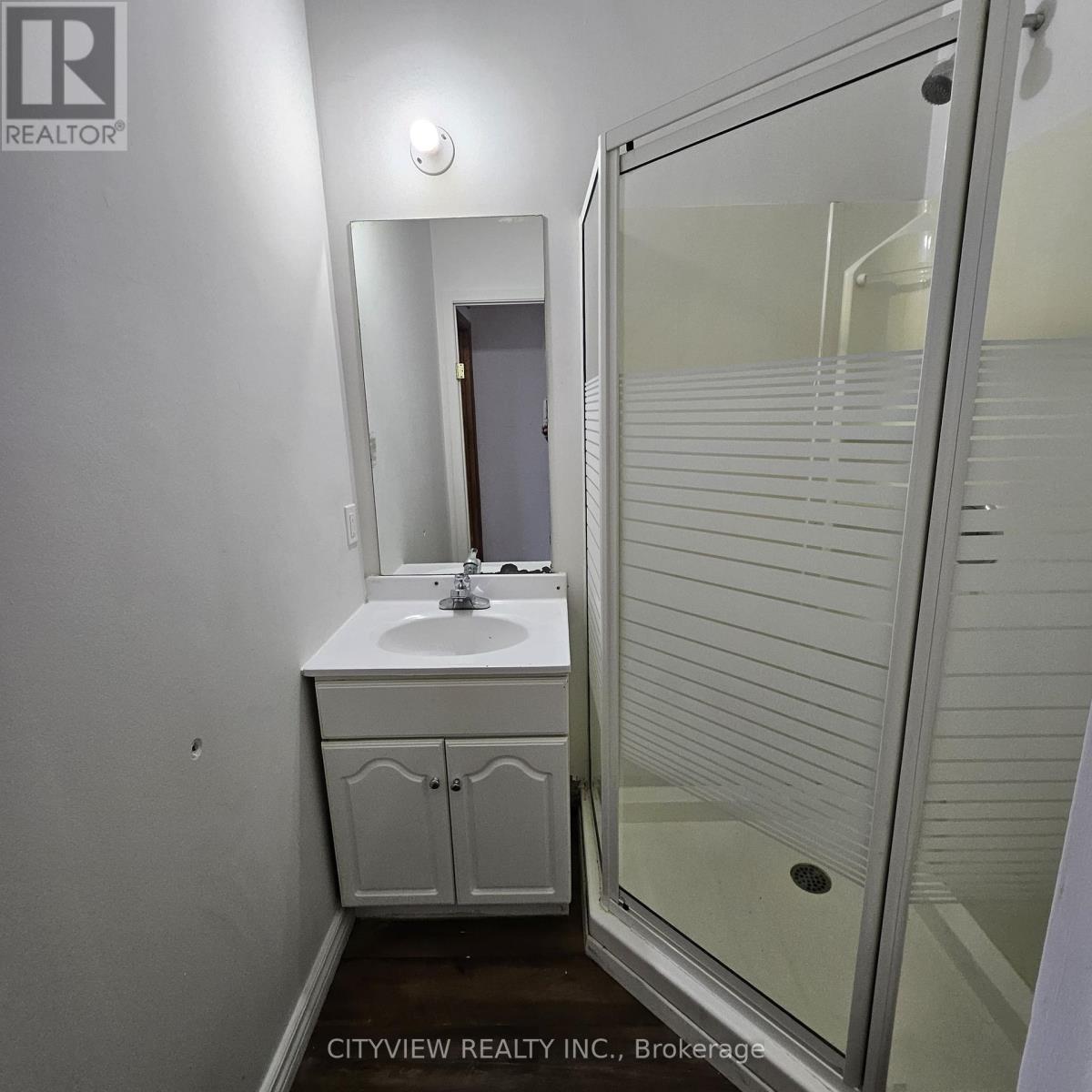 A white bathroom with a sink, mirror, and shower.