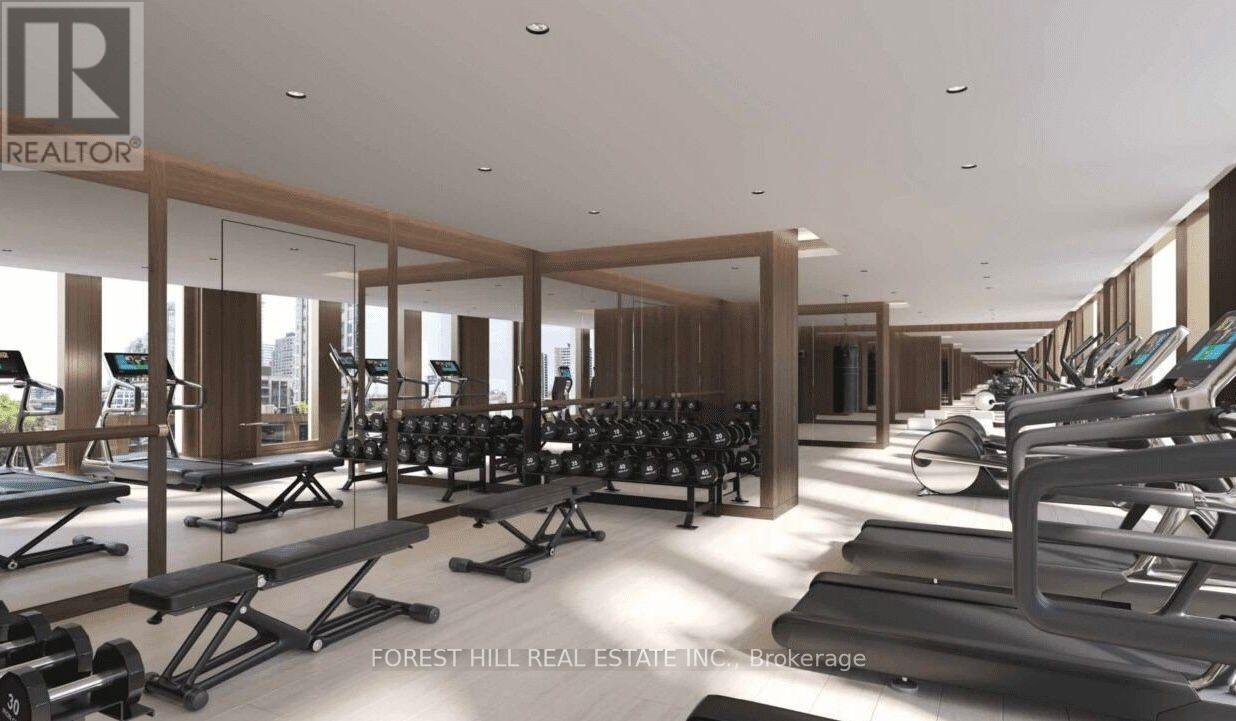 A gym with a row of treadmills and dumbbells.