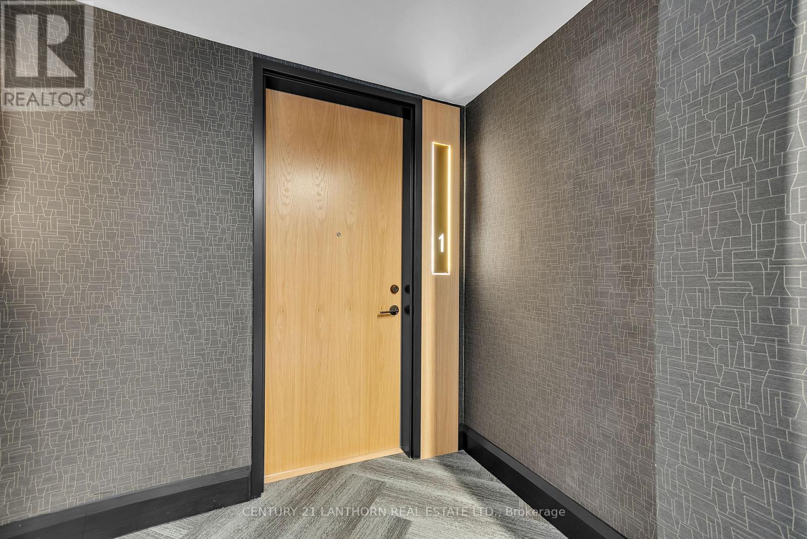 A wooden door with a gold handle is in a hallway with grey walls.