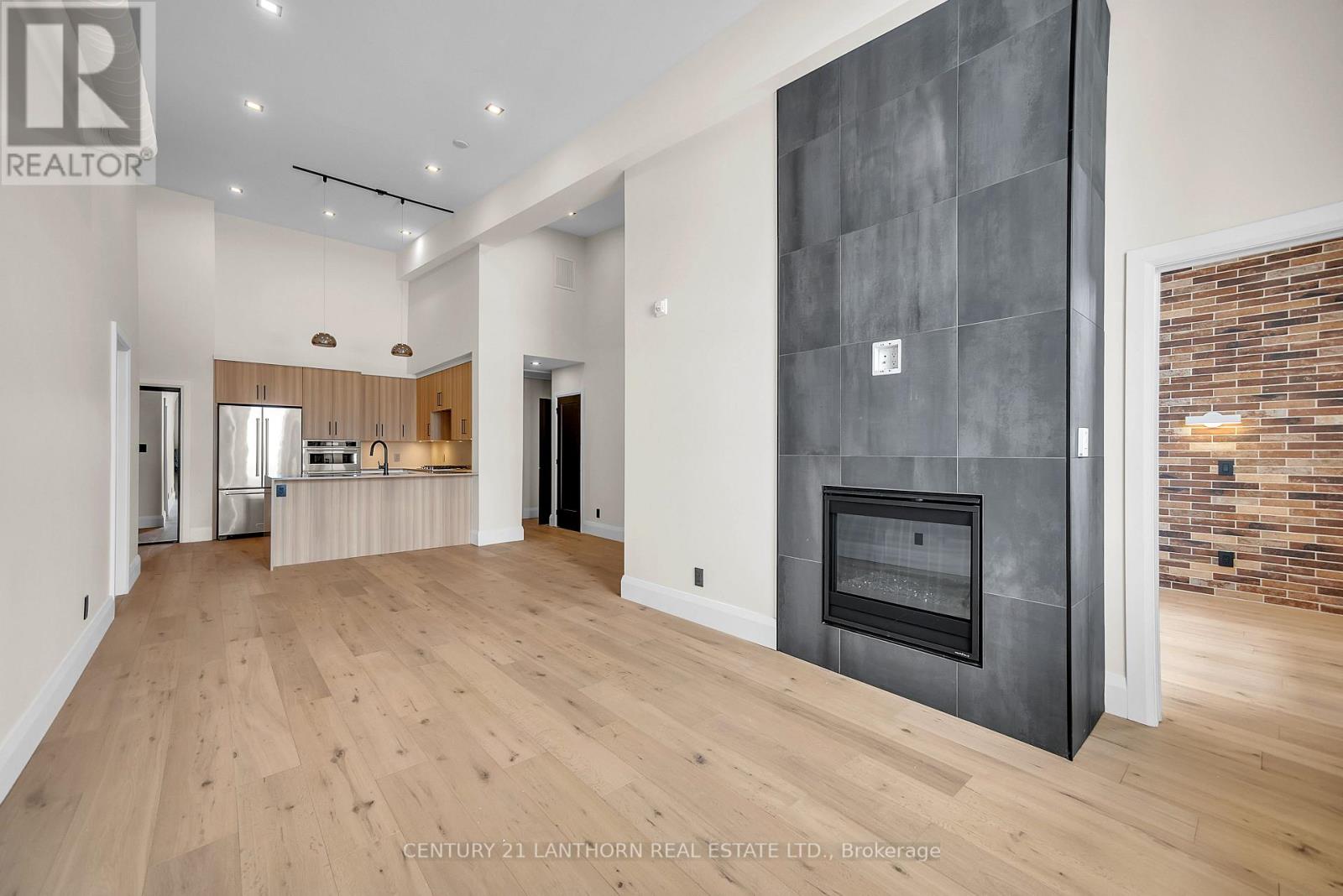 A modern living room with a fireplace and wooden floors.