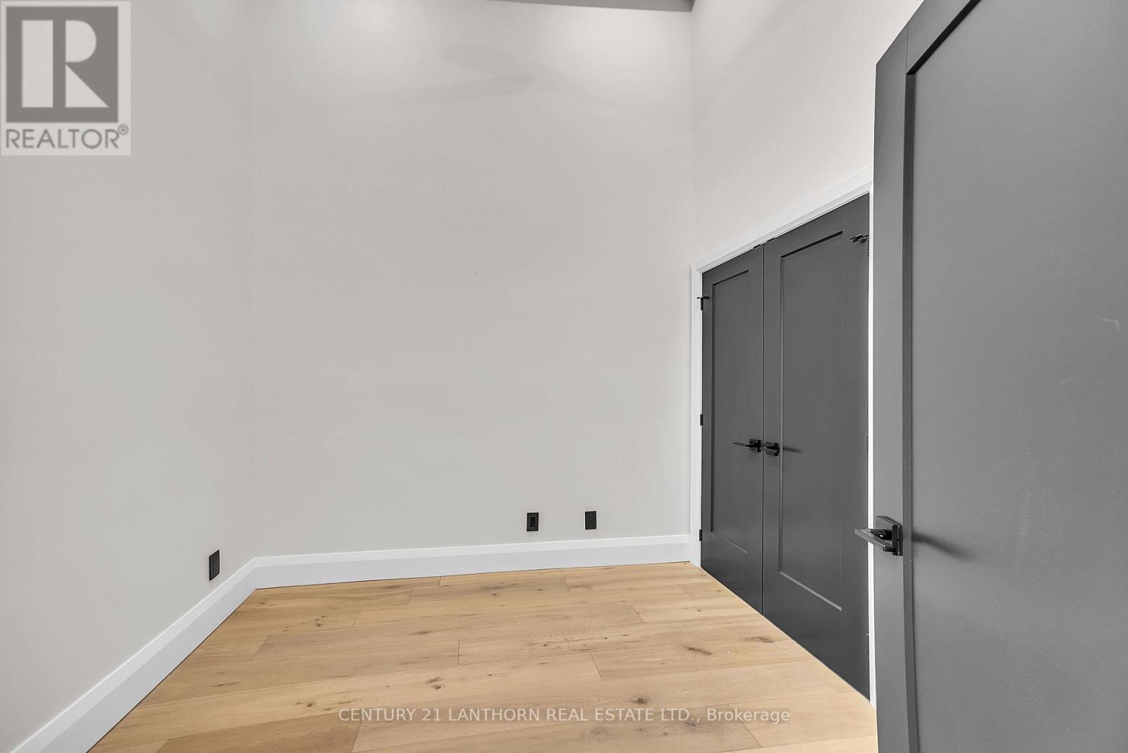 A room with a wooden floor and a grey door.